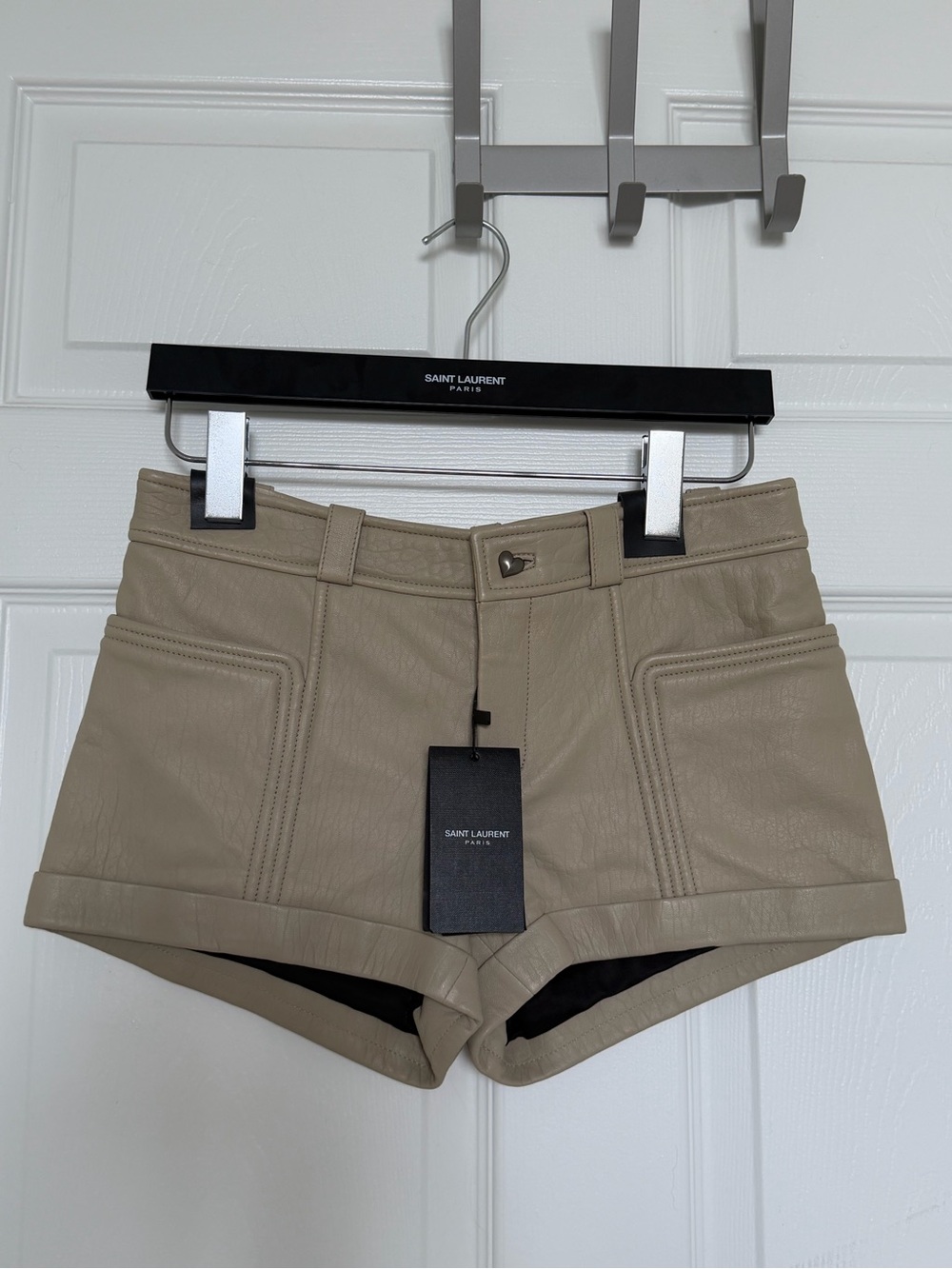 NEW Saint Laurent Beige Leather Lambskin Mini Shorts